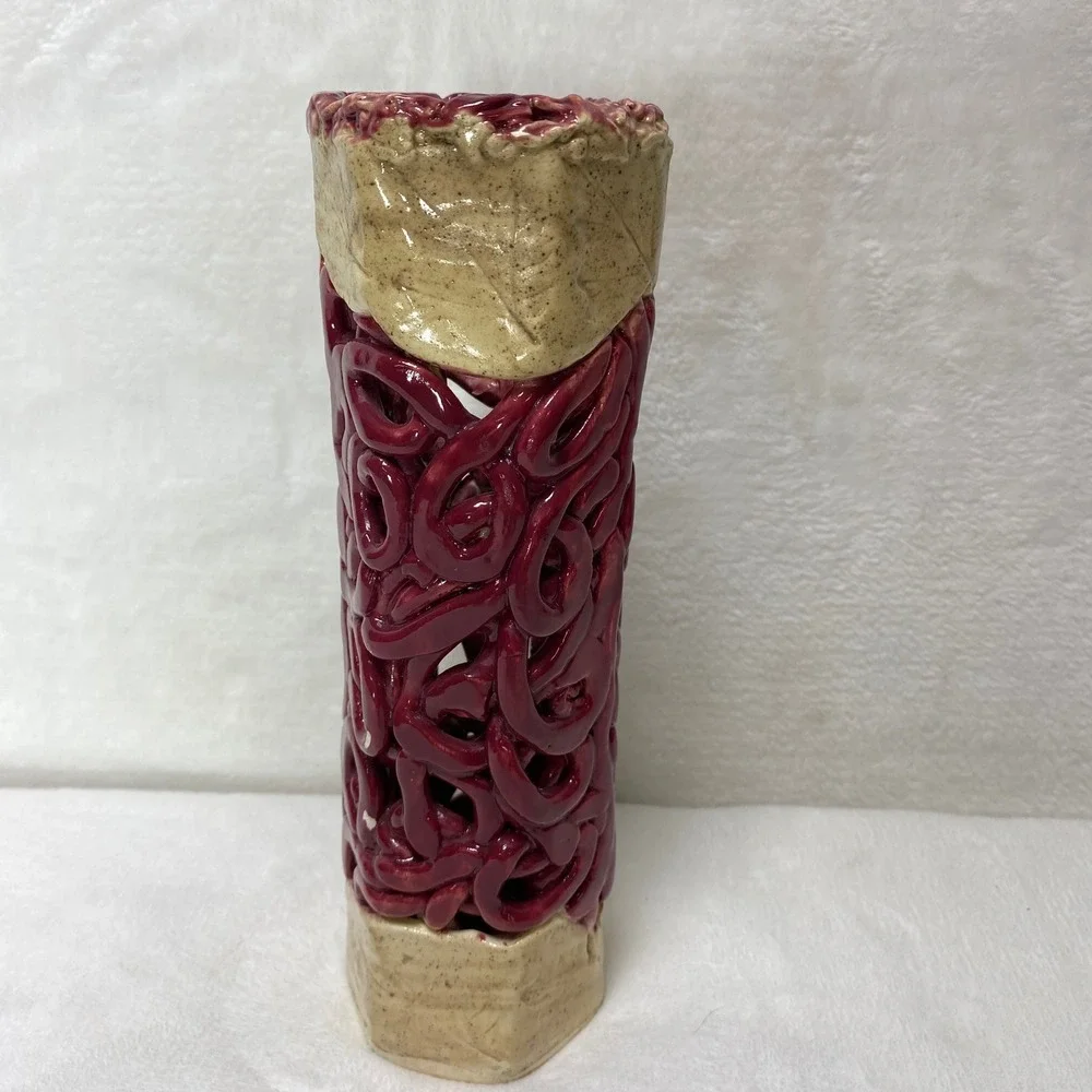 Handmade‎ Signed Unique Ceramic Votive Incense Holder Red Modern Home Decor